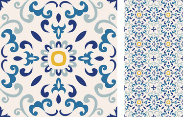 Seamless Azulejo tile. Portuguese and Spain decor. Ceramic tile. Seamless Floral pattern. Vector hand drawn illustration, typical portuguese and spanish tile