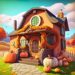 Obraz premium 3d rendering. autumn decorated house with pumpkins and hay.