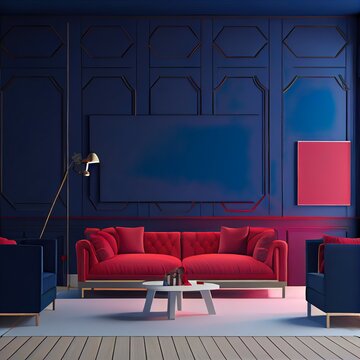 Accent Lounge Area In A Large Living Room. Blue Navy And Red Burgundy Accent Colors. Empty Dark Blue Paint Wall And Bright Cobalt Royal Cyan Couch. Mockup Modern Interior Design Home. 3d Rendering