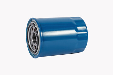 Blue oil filter on a white background. Isolate.Car filter closeup. Spare parts catalog.