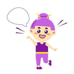 Happy cute chibi girl with speech bubble. Cheerful kawaii character. Colorful vector illustration isolated.