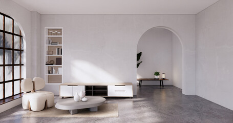 Wooden cabinet in Muji empty room, Japandi minimal designs. 3D rendering