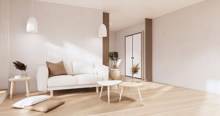 Muji sofa and decoration wabisabi on japandi room interior .3D rendering