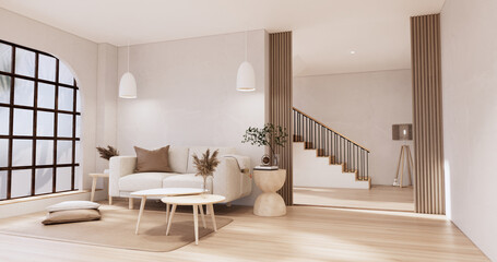 Muji sofa and decoration wabisabi on japandi room interior .3D rendering
