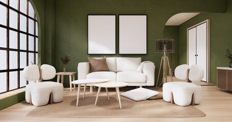 Fototapeta na wymiar Minimalist Green Living Room muji style Interior Design have sofa wabisabi and decoration japandi. 3D rendering