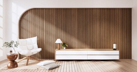 Obraz na płótnie Canvas Wooden cabinet in Muji empty room, Japandi minimal designs. 3D rendering