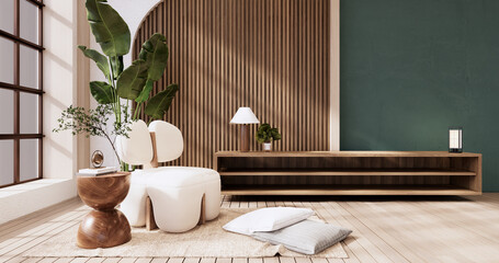Wooden Cabinet on muji green room wooden interior. 3D rendering