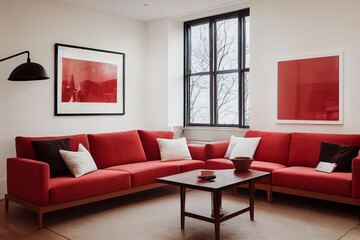 Beautiful red and white Christmas winter living room, interior design, digital art