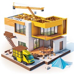 Process of construction modern modular house from composite sip panels. 3d illustration - obrazy, fototapety, plakaty