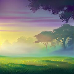 beautiful landscape at dawn with fog and sunlight gradient green yellow white purple blurred sky in autumn trees sunrise beautiful beam nature background hot grass beauty scenery environment green