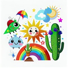 Nature digital illustration. Kite, star, lady bug, cactus, sun and rainbow digital illustration in white background.