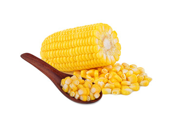 Sweet corn seeds in wooden spoon isolated on white background.
