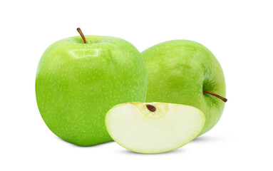 Whole green apple and slice isolated on white background.