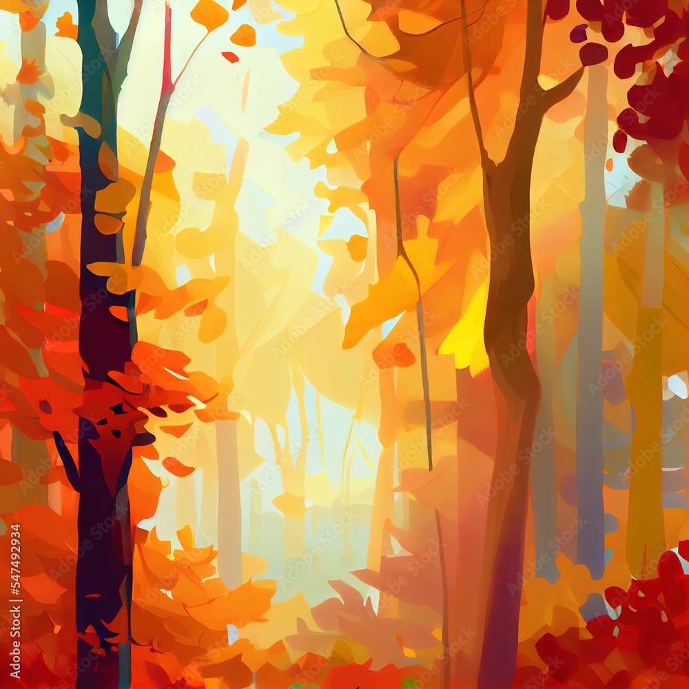 Sticker Abstract painting of colorful forest in autumn in warm tone