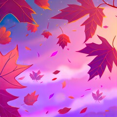 Fototapeta na wymiar Violet mix pink wallpaper. Sweet pastel sky with fall leaves.