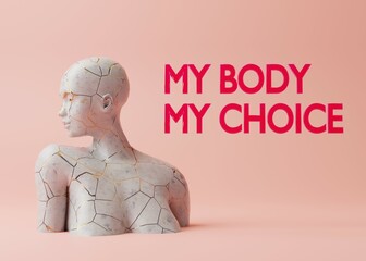 Abortion rights campaign illustration. My body my choice 3d text on pastel pink background with woman profile statue. Minimal 3d rendering