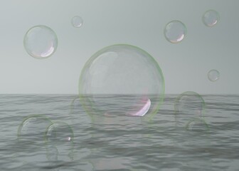 3d cosmetic bubble on water surface, Cosmetic Essence, Liquid bubble, soap. Molecule inside Liquid Bubble on water background, minimal 3d rendering for bio green product promotion