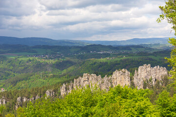 Beautiful sandstone Rocks in Czech Paradise, clear green Nature, Mala Skala, Little Rock, Czech Republic