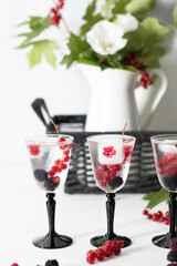 transparent gin and tonic with ice and fresh red currants and blackberries 