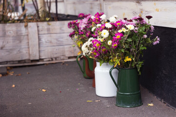 Fototapeta na wymiar Pink chrysanthemums in metal jugs outdoor, autumn decor