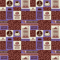 Vector seamless pattern on coffee and coffee house theme with freshly roasted coffee bean, inscriptions and illustrations in retro style. Suitable for wallpaper, wrapping paper or fabric, label