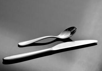 nóż i łyżka na stole,  nóż i łyżka odbicie w szkle, srebrne sztuće, knife and spoon on the table, knife and spoon reflection in the glass, silver cutlery - obrazy, fototapety, plakaty
