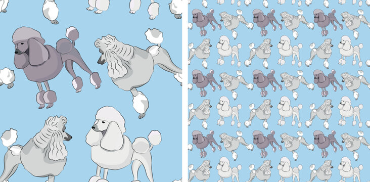 Pattern design with funny Poodle dogs doodles, seamless pattern. T-shirt textile, wallpaper, wrapping paper, blue background graphic design. Valentine's Day, Christmas. Love backdrop, baby and kids.