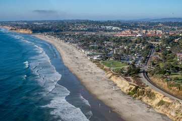 Aerial view Powerhouse park, train tracks, and coastline in San Diego California along the Del Mar...