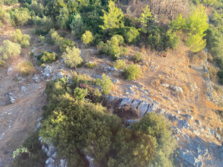 Top view of a mountain landscape with stones in a warm tropical oriental country southern resort. Background, texture