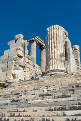 Obraz premium Ruins and inner staircase of Apollo Temple in Didim, Didyma ancient city, Aydin, Turkey, from inner sanctuary on blue sky background. Copy space for text, vertical photography.