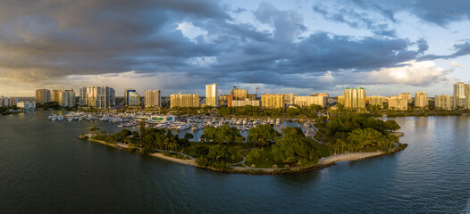 Fototapeta na wymiar Sarasota Bayfront Marina at golden hour drone shot