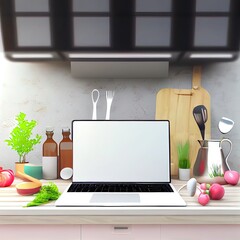 Modern worktop for cooking with a blank laptop display. Kitchen interior design with food ingredients, cutlery and crockery. Mock up. 3d rendering