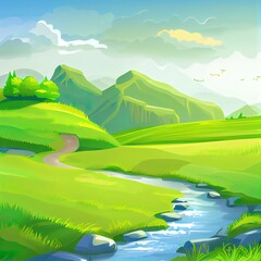 Fototapeta na wymiar cartoon illustration image of natural scenery and green grass