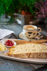 breakfast with toast, coffee and juice