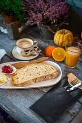 breakfast with toast, coffee and juice