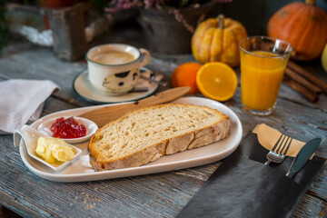 breakfast with toast, coffee and juice