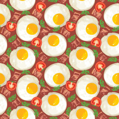 Appetizing seamless pattern with fried eggs, delicious bacon, dill and tomato. Vector background with tasty eggs for breakfast on an emerald backdrop. Suitable for wallpaper, wrapping paper, fabric