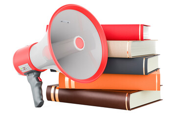 Books with megaphone. 3D rendering