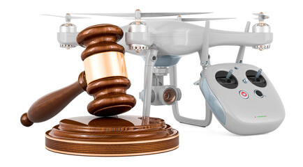 Drone with wooden gavel, 3D rendering