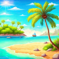 Fototapeta na wymiar Sunny day on tropical sandy beach. Palm trees and sea paradise holidays. Cartoon nature illustration