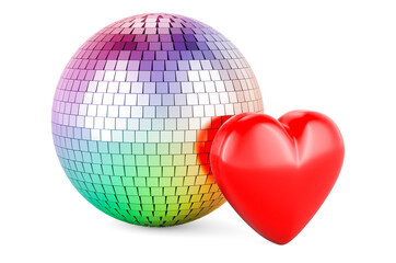 Mirror disco ball with red heart, 3D rendering