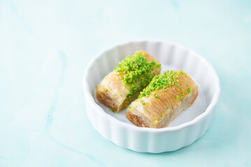 Multicolored baklava, Oriental sweetness on a plate