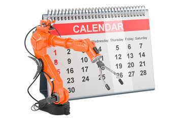 Robotic arm with desk calendar, 3D rendering