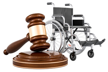 Wheelchair with wooden gavel, 3D rendering