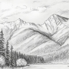 pencil sketch lake and mountains. High quality illustration