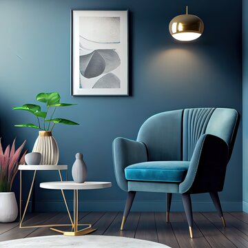 Mockup of a living room home or salon lounge office with painted gray walls. Accent chair in blue or very peri color 2022 trend. Luxury interior design for art. 3d rendering