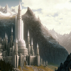 A large fantasy castle located high in the mountains. High quality illustration
