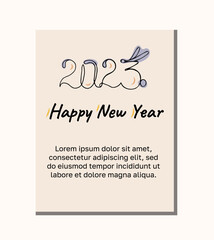 New year card with hare ears and text 2023. Lineart Vector illustration.