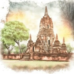 Fototapeta premium ancient temple at sukothai,Thailandwater color painting filter