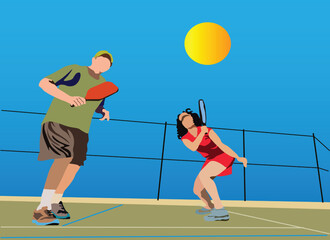 Two people hitting a pickleball seen from the front and the ball looks very close